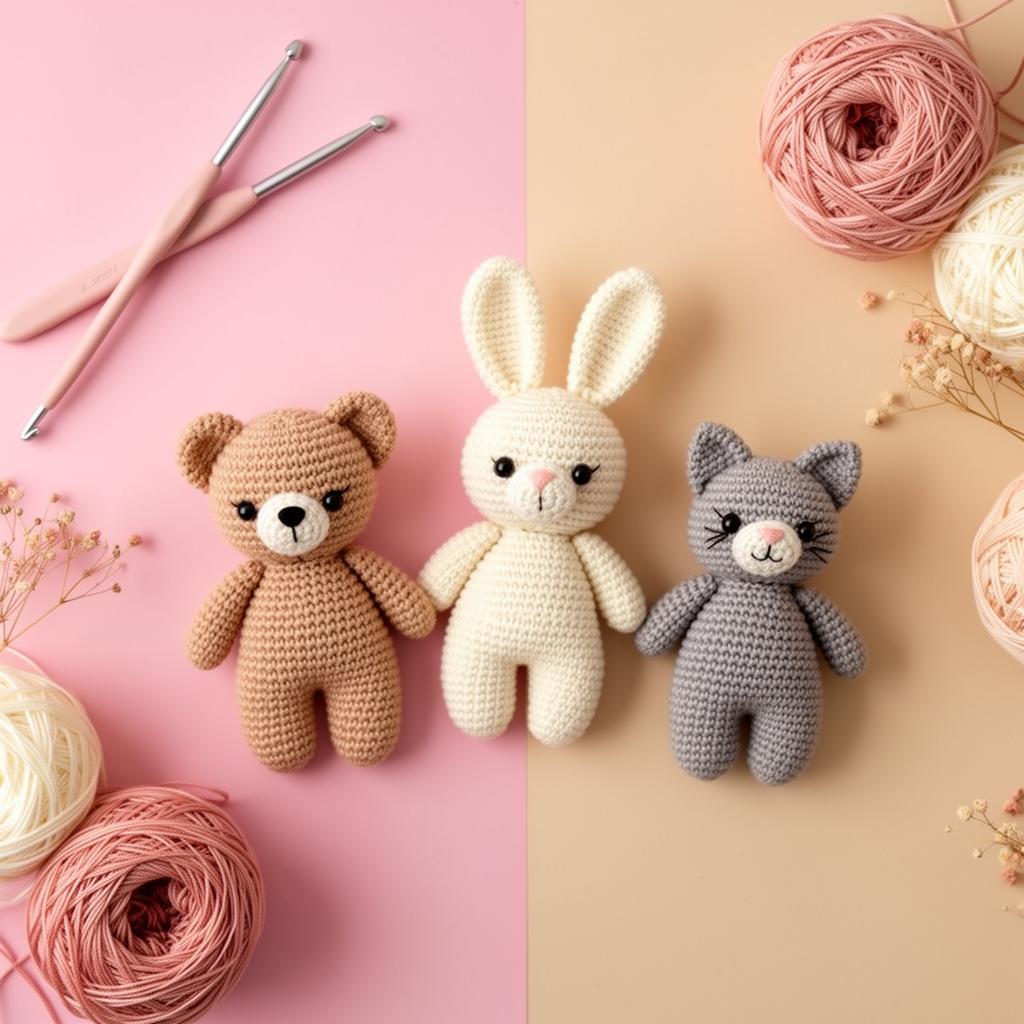 Amigurumis fofos: ursinho, coelho e gatinho com novelos de lã